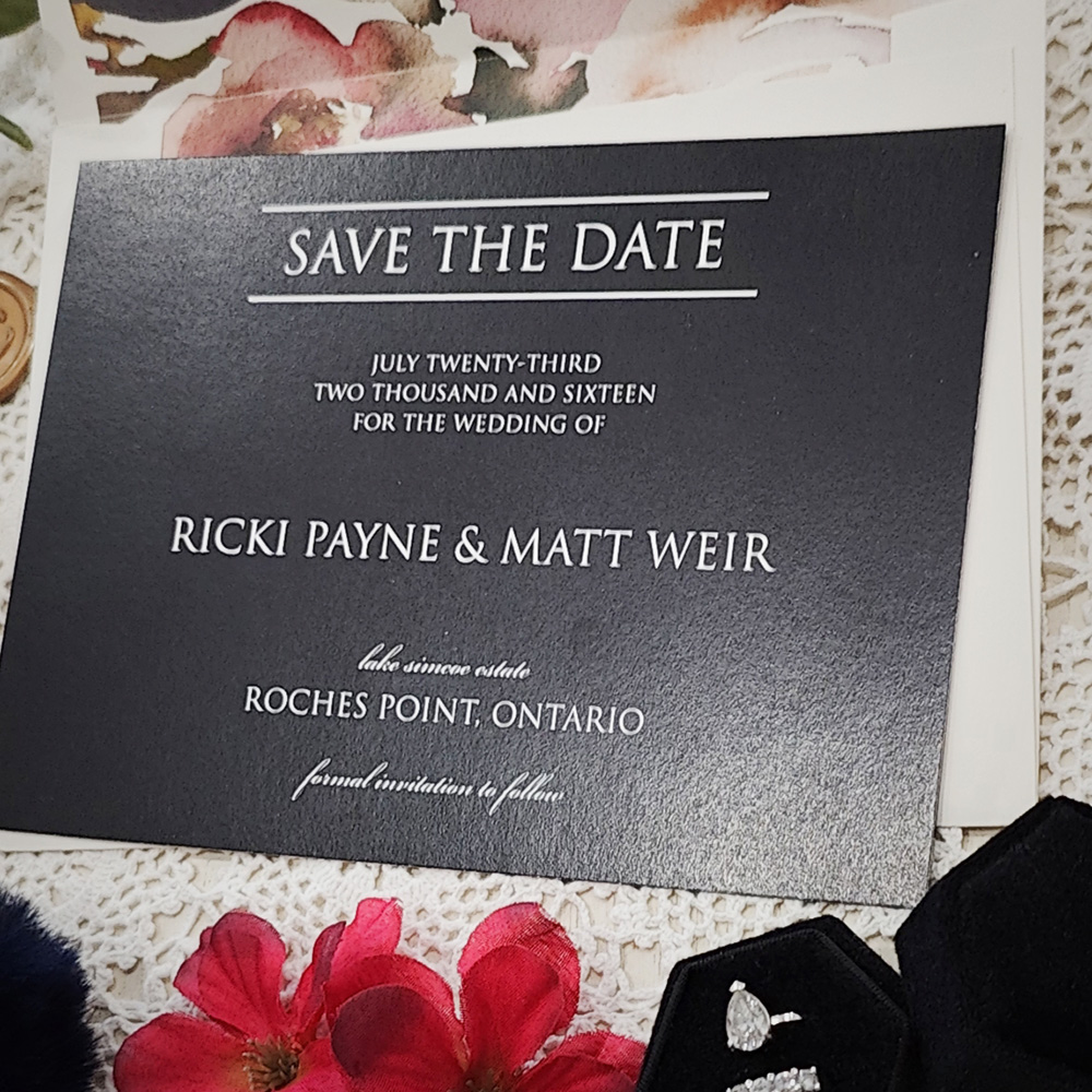 Invitation 8306:  - full color print black save the date with white print