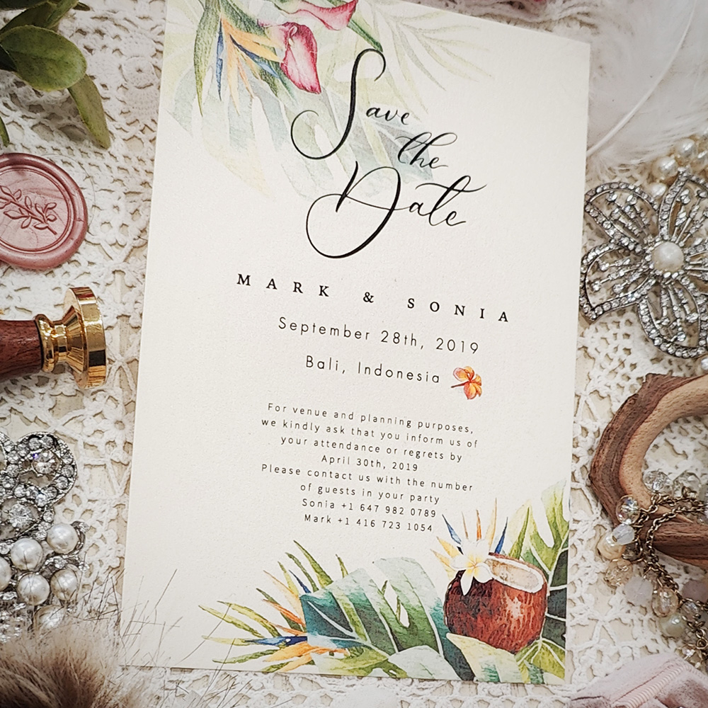 Invitation 8308:  - tropical save the date on white gold pearl