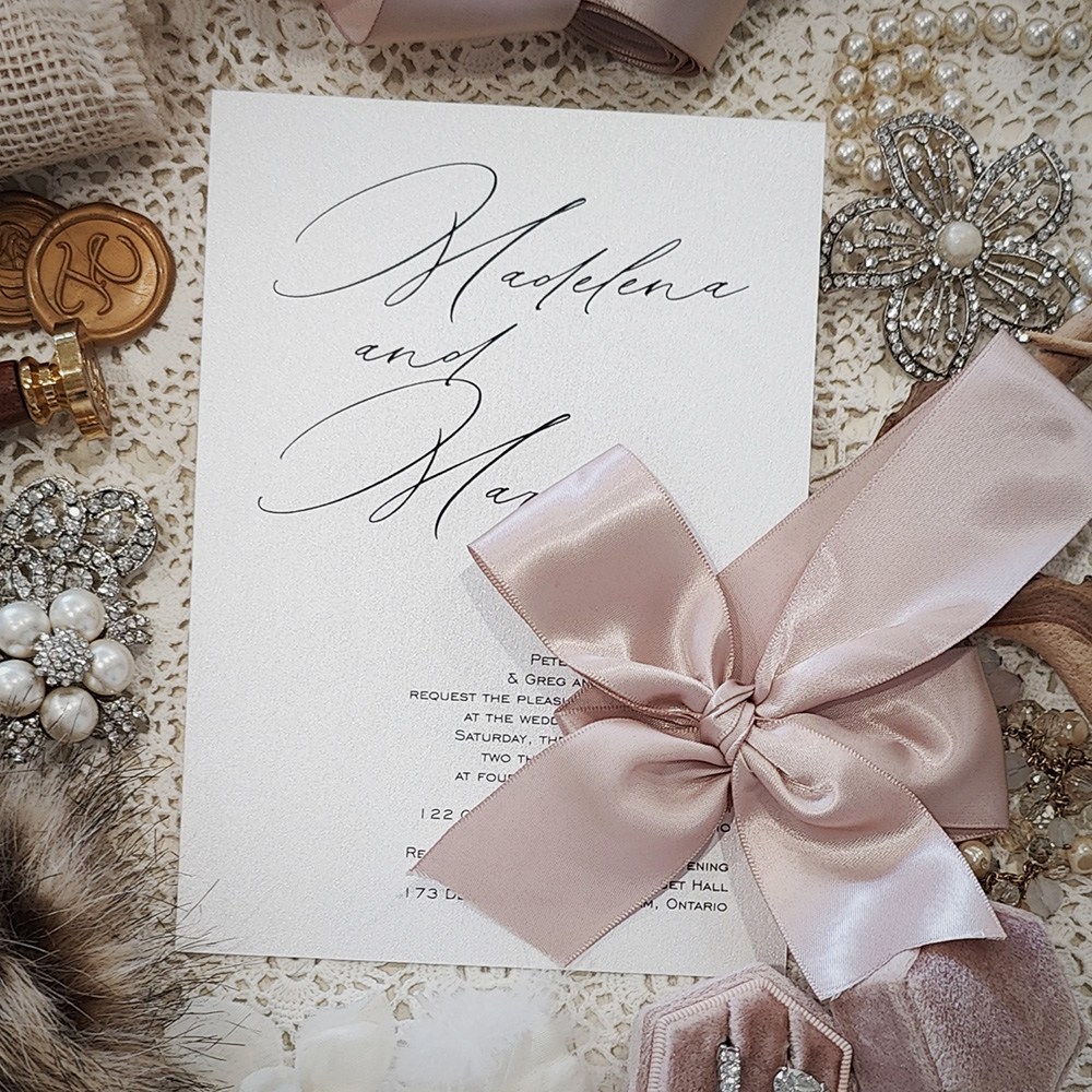Invitation 3006: Ice Pearl, Deep Blush Ribbon - Modern single card layout design with a large 1.5 inch bow tied around.
