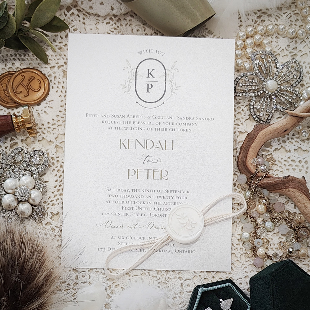 Invitation 3010: White Gold, Ivory Wax, String Ribbon - Single card wedding invite with a white string and ivory branch wax seal.