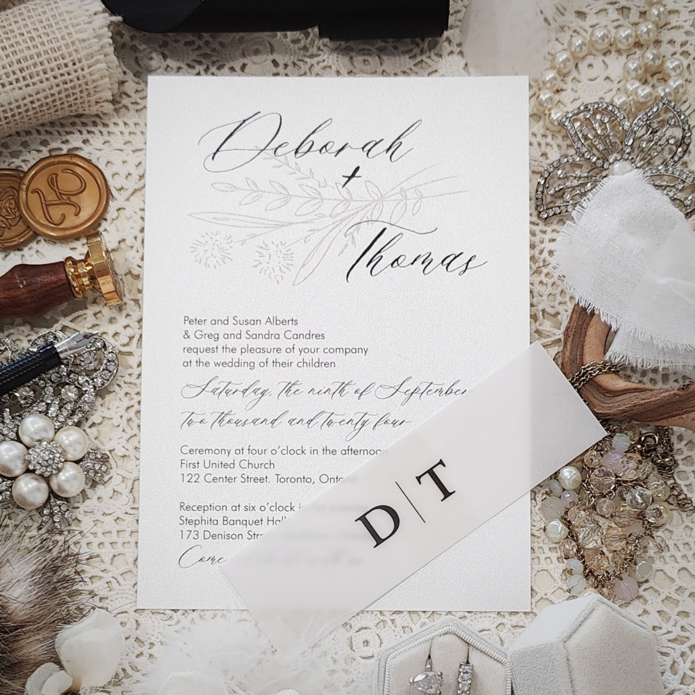 Invitation 3026: Matte White - Single card wedding invitation with a vellum belly band with a monogram design.
