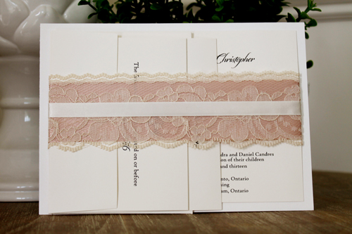 Wedding Invitation 1103: Antique Pearl, Cream Smooth, Origins, High Tower, Deep Blush Ribbon, Antique Ribbon, Cream Lace