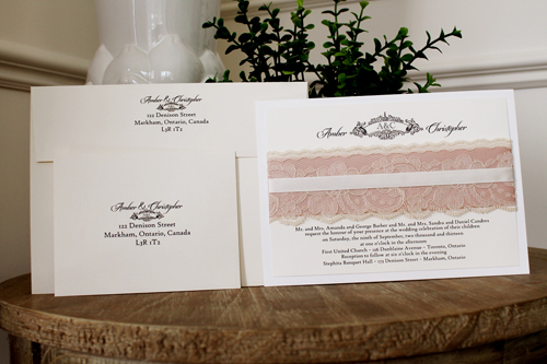 Wedding Invitation 1103: Antique Pearl, Cream Smooth, Origins, High Tower, Deep Blush Ribbon, Antique Ribbon, Cream Lace
