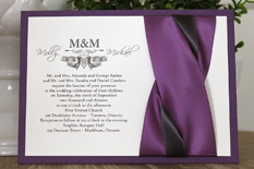 Wedding Invitation 1104: Purple Pearl, Cream Smooth, Scriptina, High Tower, Grape Ribbon, Grape Ribbon, Deep Charcoal Ribbon