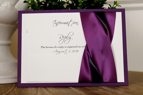 Wedding Invitation 1104: Purple Pearl, Cream Smooth, Scriptina, High Tower, Grape Ribbon, Grape Ribbon, Deep Charcoal Ribbon