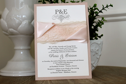 Wedding Invitation 1116: Blush Pearl, Cream Smooth, Devon, High Tower, Petal Pink Ribbon, Petal Pink Ribbon, Cream Lace