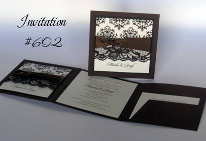 Invitation 602: Chocolate Linen, Black Linen, Cream Smooth, Sloop, Papyrus, Black Ribbon