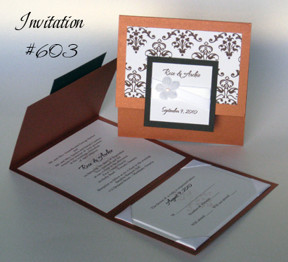 Invitation 603: Copper Pearl, Chocolate Smooth, White Smooth, The Nauti Gal, Calligraph 421, White Ribbon