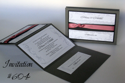 Invitation 604: Charcoal Pearl, Black Linen, White Smooth, Portofolio, Calligraph 421, Black Ribbon, Dusty Rose Ribbon