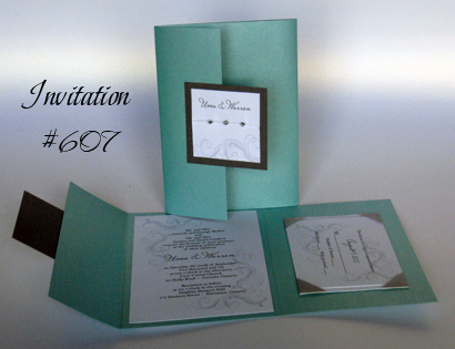 Invitation 607: Tiffany Pearl, Charcoal Pearl, White Smooth, Miss Le Gatees, Bell MT, Silver Ribbon