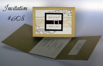 Invitation 608: Gold Pearl, Chocolate Smooth, Cream Smooth, Zaphino One, Nuncio, Brown Ribbon