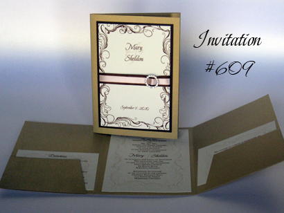Invitation 609: Gold Pearl, Chocolate Smooth, Cream Smooth, Beau Rivage, Sabon Roman, Brown Ribbon, Pink Ribbon