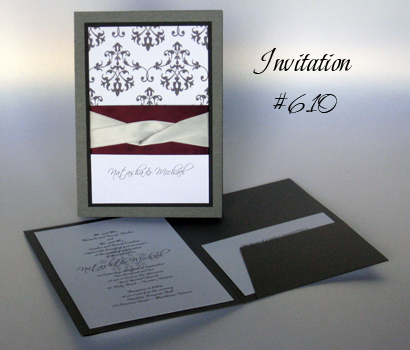 Invitation 610: Charcoal Pearl, Black Linen, White Smooth, Scriptina, Nuncio, Eggplant Ribbon, Silver Ribbon