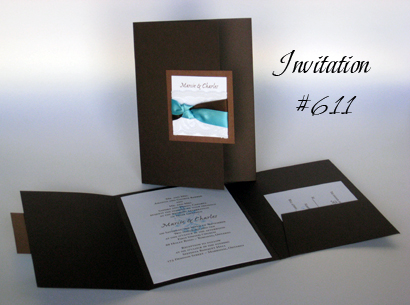 Invitation 611: Chocolate Linen, Brown Pearl, White Smooth, Ex Ponto, Sabon Roman, Brown Ribbon, Turquoise Ribbon