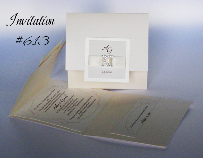 Invitation 613: Ivory Pearl, Buttermilk Pearl, Cream Smooth, Aqualine 2, Calligraph 421, Cream Ribbon