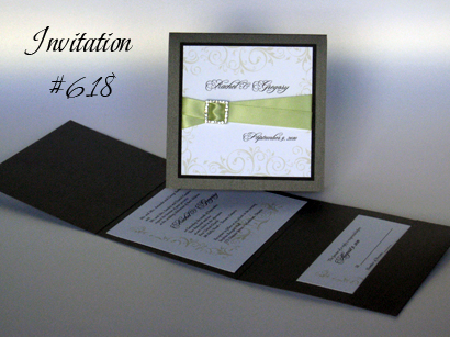 Invitation 618: Charcoal Pearl, Black Linen, White Smooth, Portofolio, Adobe Jenson Pro Light, Honeydew Ribbon