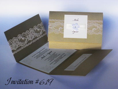 Invitation 619: Gold Pearl, Ivory Pearl, Cream Smooth, Aqualine 2, Bell MT, Cream Ribbon