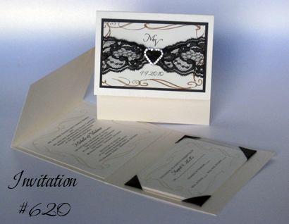 Invitation 620: Ivory Pearl, Black Linen, Cream Smooth, Beau Rivage, Trajan Pro, Black Ribbon