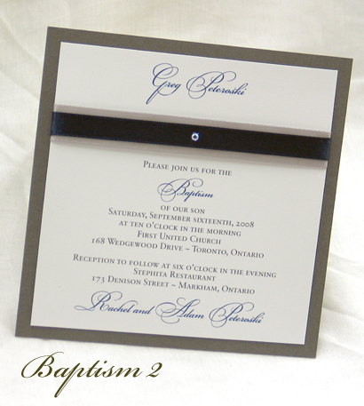 Invitation Baptism2: Charcoal Pearl, White Smooth, Silver Ribbon, Navy Ribbon