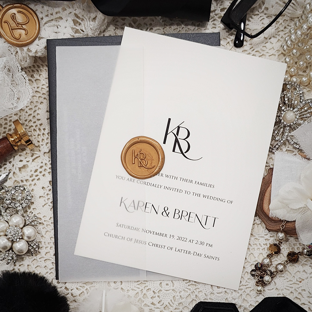 Invitation 3200: Antique Pearl, Gold Wax - Simple and elegant wedding invitation with a vellum wrap and gold wax seal.
