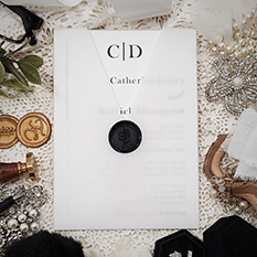 Invitation 3209: Matte White, Black Wax - Single card wedding invite with a vellum wrap and black wax seal.
