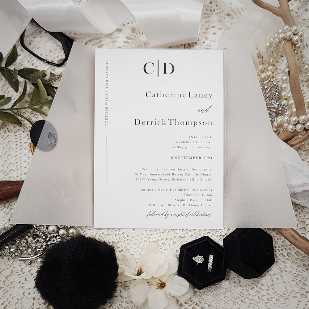 Invitation 3209: Matte White, Black Wax - Single card wedding invite with a vellum wrap and black wax seal.