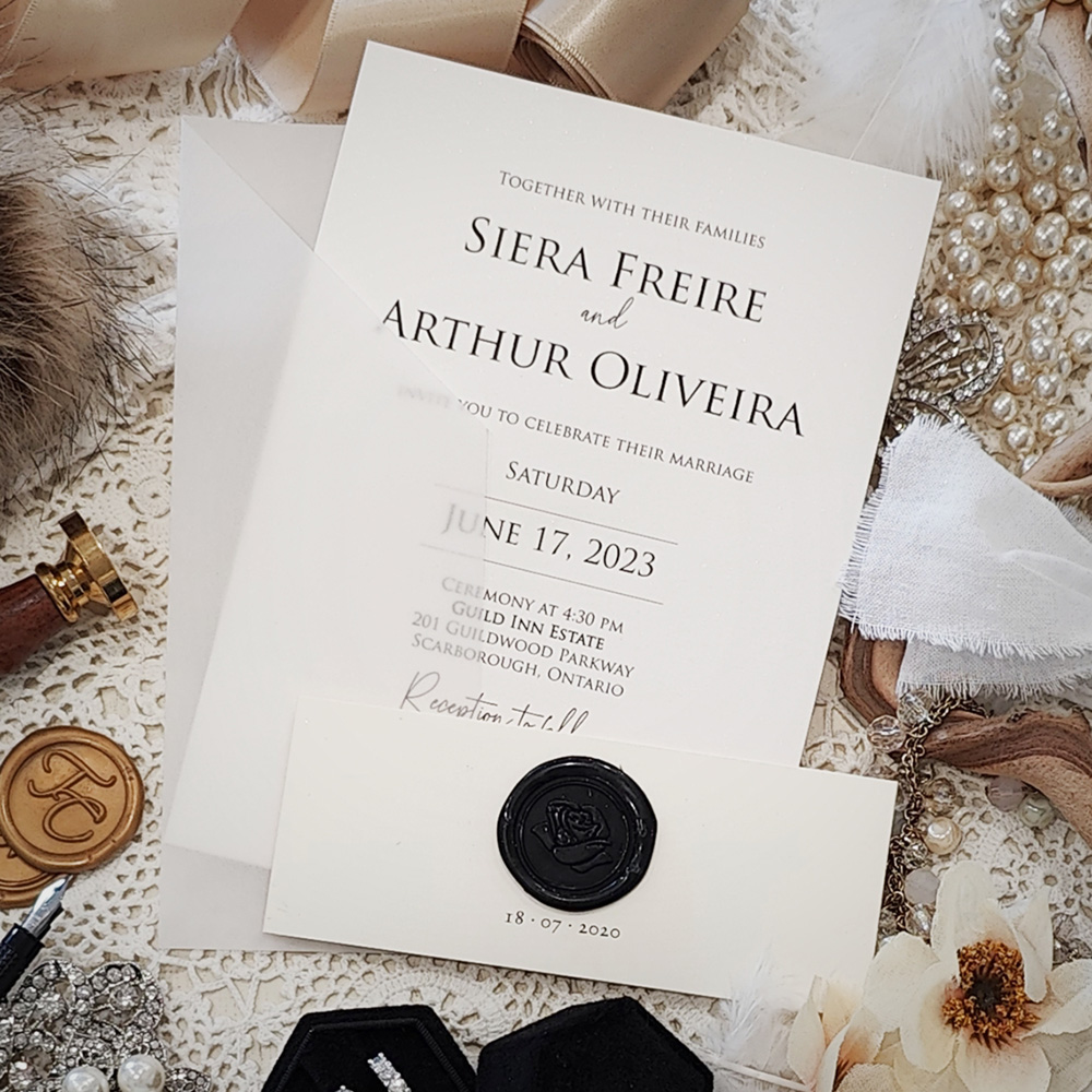 Invitation 3210: Antique Pearl, Black Wax - Single card wedding invite wrapped with a vellum wrap and belly band and black wax seal.