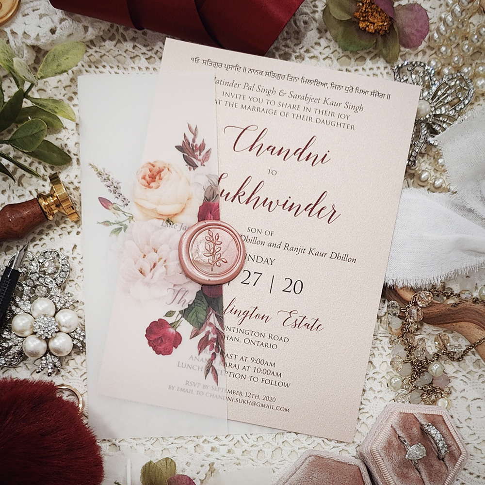 Invitation 3223: Blush Pearl, Blush Wax - blush pearl single panel with vellum wrap and blush wax seal