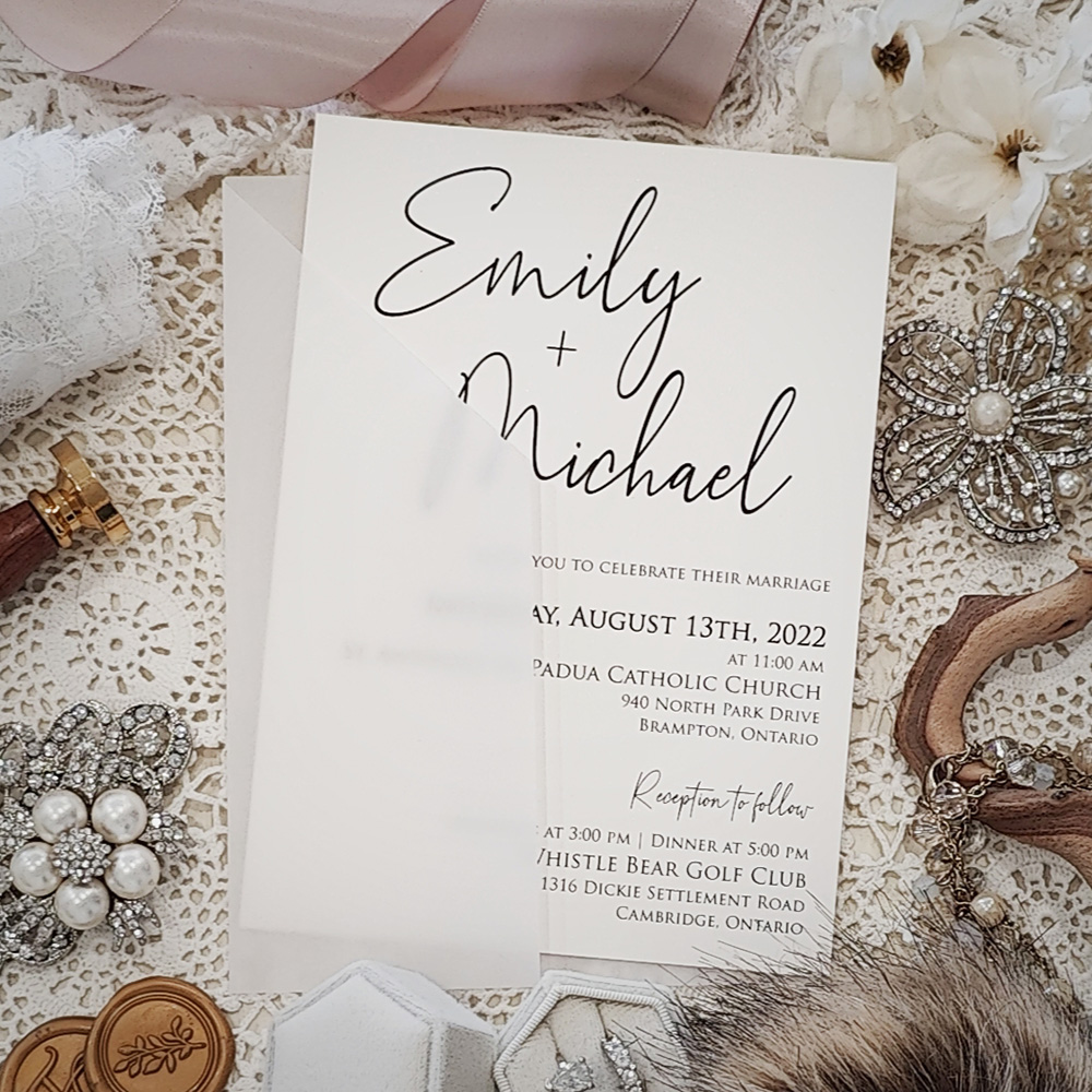 Invitation 3229: Ivory Pearl - Single card wedding invitation with a modern font combo layout.  There is a special gate fold vellum wrap.