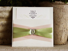 Invitation 703: Antique Pearl, Cream Smooth, Origins, High Tower, Blush Ribbon, Blush Ribbon, Honeydew Ribbon, Brooch/Buckle E