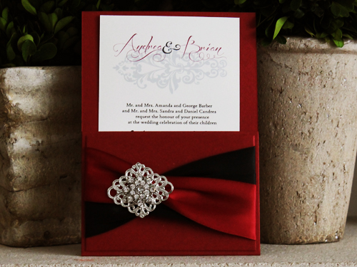 Invitation 704: Red Lacquer, Red Lacquer, Cream Smooth, Black Ribbon, Black Ribbon, Sherry Ribbon, Brooch/Buckle A9, Metal Filigree F2 - Silver