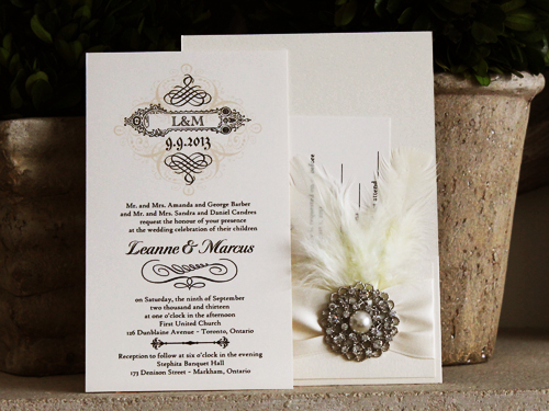 Invitation 705: White Gold, White Gold, Cream Smooth, Antique Ribbon, Brooch/Buckle A6, Feather Color White