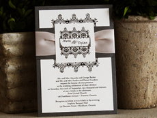 Invitation 708: Charcoal Pearl, Cream Smooth, High Tower, Antique Ribbon