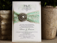 Invitation 709: Champagne Pearl, Cream Smooth, Devon, High Tower, Mint Ribbon, Mint Ribbon, Cream Lace, Brooch/Buckle A6