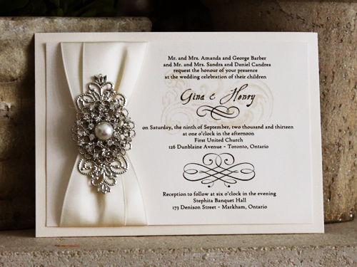 Invitation 710: Ivory Pearl, Cream Smooth, Antique Ribbon, Antique Ribbon, Brooch/Buckle A6, Metal Filigree F4 - Silver