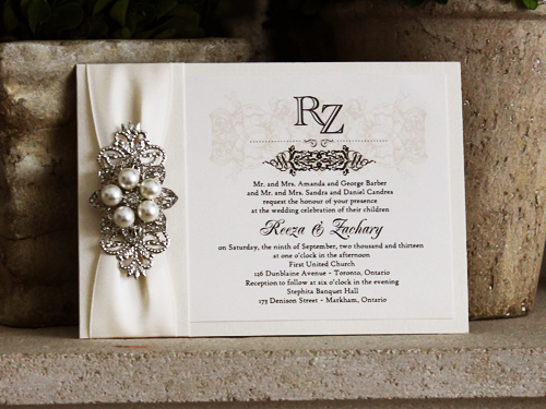 Invitation 717: White Gold, Cream Smooth, Antique Ribbon, Brooch/Buckle T, Metal Filigree F4 - Silver