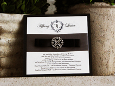 Invitation 720: Black Pearl, Cream Smooth, Easy Street, High Tower, Charcoal Ribbon, Black Ribbon, Brooch/Buckle A16