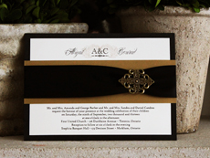 Invitation 726: Black Linen, Kings Gold Pearl, Cream Smooth, Yves Script, High Tower, Black Ribbon, Metal Filigree F4 - Bronze