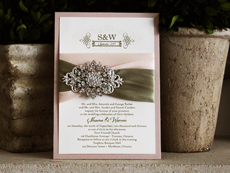 Invitation 727: Blush Pearl, Cream Smooth, Origins, High Tower, Blush Ribbon, Blush Ribbon, Light Sage Ribbon, Brooch/Buckle A11, Metal Filigree F4 - Silver