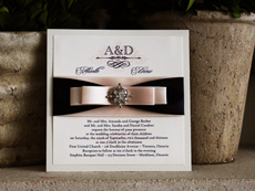 Invitation 731: Champagne Pearl, Cream Smooth, Portofolio, High Tower, Blush Ribbon, Navy Ribbon, Blush Ribbon, Blush Ribbon, Brooch/Buckle A8