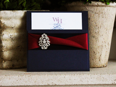 Invitation 736: Navy Pearl, White Smooth, Cotillion, High Tower, Navy Ribbon, Wine Ribbon, Brooch/Buckle A17