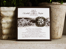 Invitation 737: Espresso/Dark Brown Pearl, Cream Smooth, Antrokas, High Tower, Brown Ribbon, Cream Lace, Metal Filigree F3 - Bronze