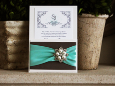 Invitation 739: Antique Pearl, White Smooth, Charcoal Ribbon, Charcoal Ribbon, Aqua Ribbon, Aqua Ribbon, Brooch/Buckle T