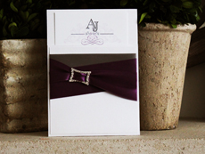 Invitation 740: Antique Pearl, Antique Pearl, White Smooth, Boulevard, High Tower, Charcoal Ribbon, Grape Ribbon, Grape Ribbon, Brooch/Buckle N