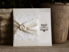 Invitation 742: Champagne Pearl, Champagne Pearl, Cream Smooth, Beau Rivage, High Tower, Antique Ribbon, Antique Ribbon, White Lace, Brooch/Buckle A