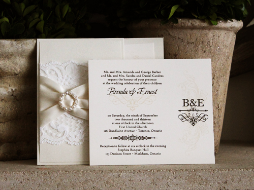 Invitation 742: Champagne Pearl, Champagne Pearl, Cream Smooth, Antique Ribbon, Antique Ribbon, White Lace, Brooch/Buckle A