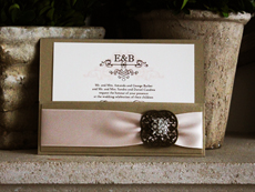 Invitation 743: Gold Pearl, Gold Pearl, Cream Smooth, Duet, High Tower, Blush Ribbon, Brooch/Buckle A8