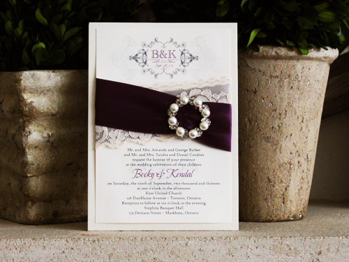 Invitation 744: White Gold, Cream Smooth, Silver Ribbon, Grape Ribbon, Cream Lace, Brooch/Buckle W Invitation 744: White Gold, Cream Smooth, Silver Ribbon, Grape Ribbon, Cream Lace, Brooch/Buckle W