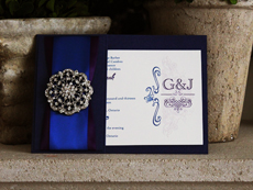 Invitation 746: Royal Blue Pearl, Royal Blue Pearl, Cream Smooth, The Nauti Gal, High Tower, Purple Ribbon, Purple Ribbon, Royal Blue Ribbon, Brooch/Buckle A20
