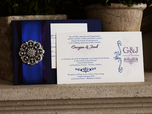 Invitation 746: Royal Blue Pearl, Royal Blue Pearl, Cream Smooth, Purple Ribbon, Purple Ribbon, Royal Blue Ribbon, Brooch/Buckle A20